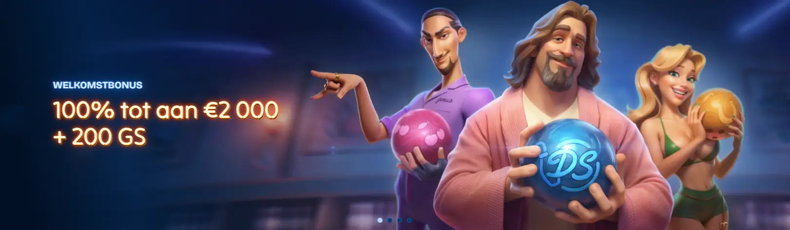 DudeSpin casino welkomstbonus bannner met drie 3D-animatiepersonages in een bowlingbaanomgeving en de tekst 'Welkomstbonus 100% tot aan €2.000 + 200 GS' links in beeld